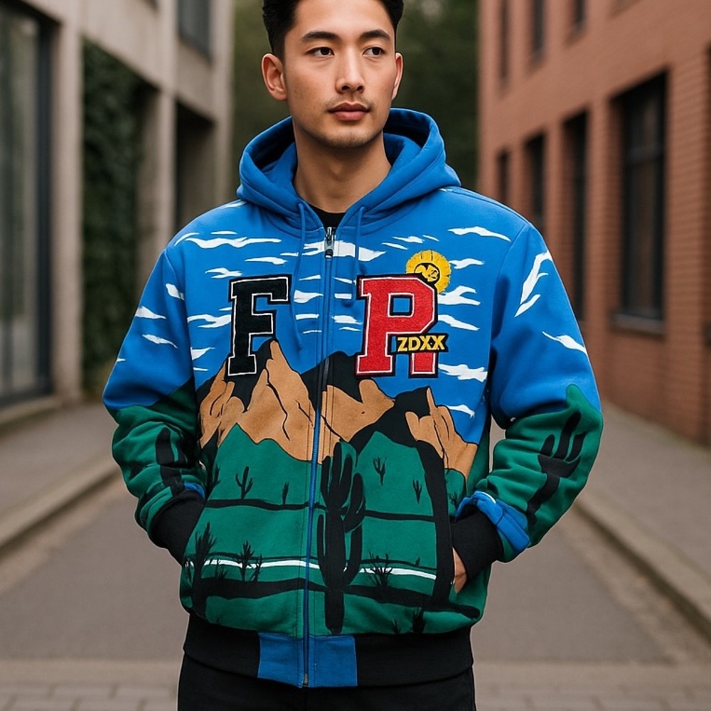 First Row Puff Print Men's Mountain‎ Full Zip Hoodie Varsity Patch Blue Medium